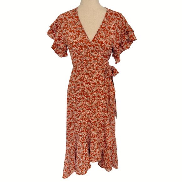 NWT Max Studio Size XS Brown Floral Wrap Dress Short Sleeve Ruffles Midi Dress - Picture 2 of 11